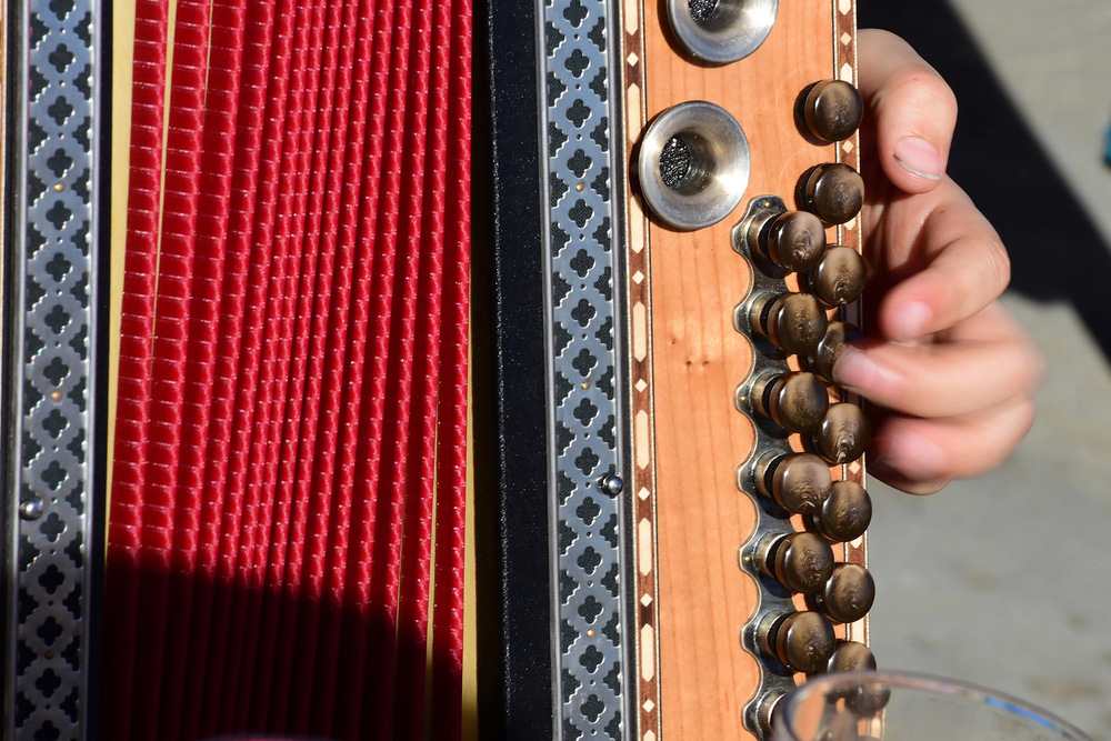 Volksmusikszene mit Akkordeon und Bergen